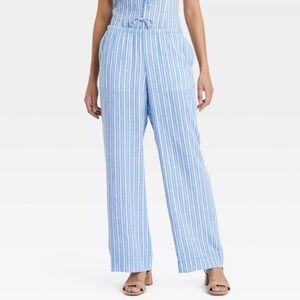 A New Day Women's Mid-Rise Wide Leg Linen Pull-On Pants Blue Striped XXL